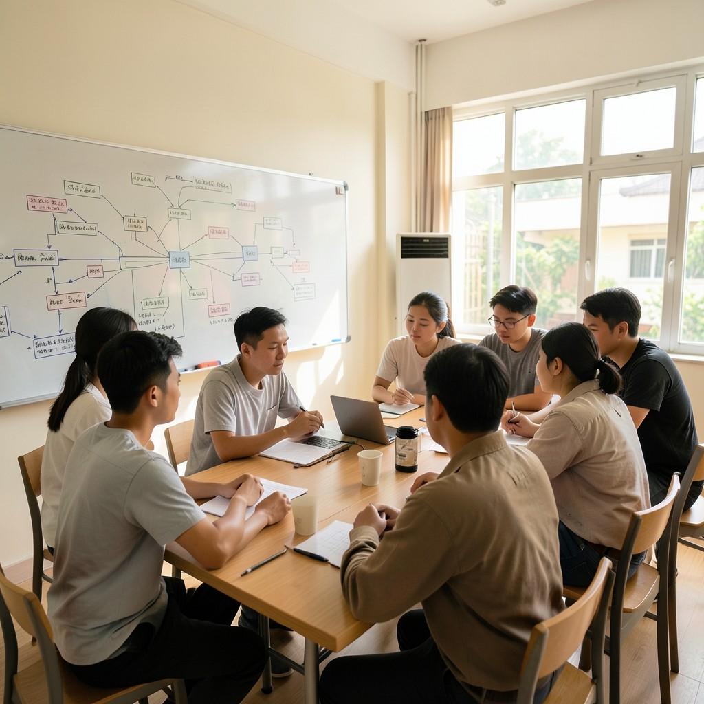 Engineering students reviewing distributed system diagrams in a Hanoi classroom